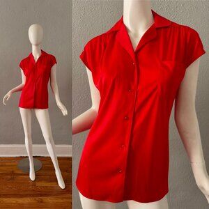 Vintage 70s Cherry Red Polyester Button Retro Top Blouse M